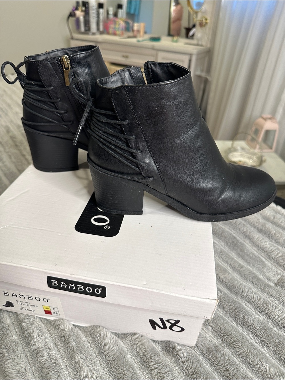 BAMBOO Black Lace-Back Ankle Booties with Side Zip